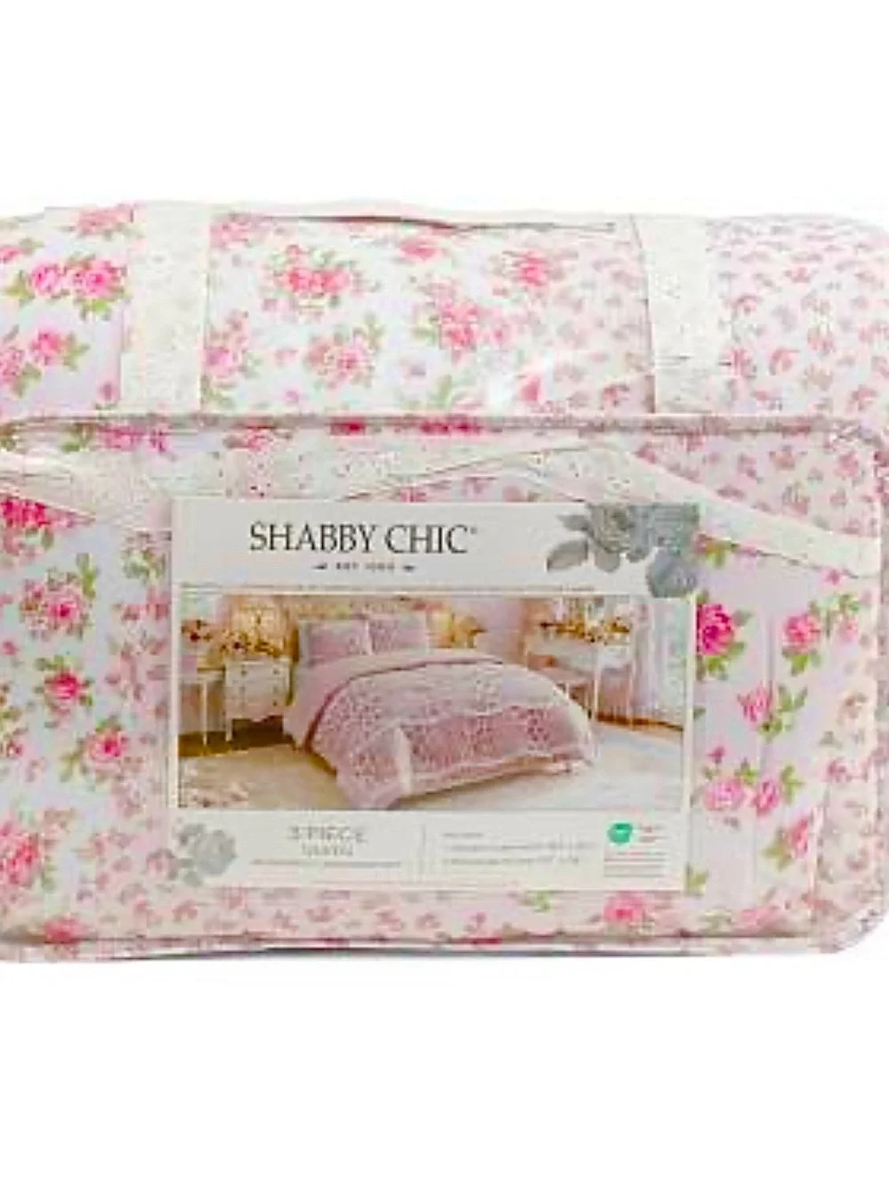 🆕- Shabby Chic 3 Piece Reversible Comforter Set - Pink White Floral, Queen Size